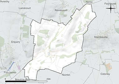 Carte en couleur présentant le réseau hydrographique de la commune