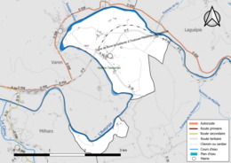 Carte en couleur présentant le réseau hydrographique de la commune