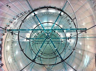 Overhead view of glass-treaded helical stairs at Apple Store in Boston