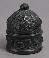 Box, probably for ink powder, 15th-century Italian, textile interior and wood core