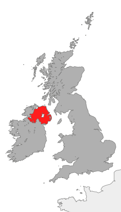 Map showing the area of Northern Ireland in relation to Great Britain and Ireland