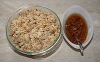 Fish and brewis with scrunchions, a traditional Newfoundland meal consisting of codfish and hard bread or hard tack