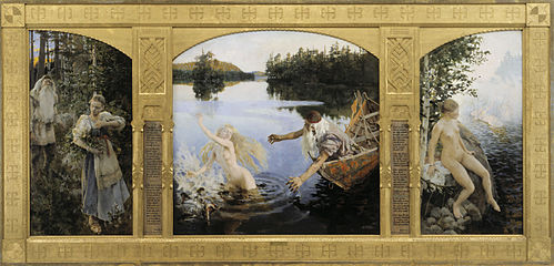 Aino Myth, Triptych, Akseli Gallen-Kallela, 1891, where the middle panel depicts her final appearance to Väinämöinen in fish form[5] (fi)