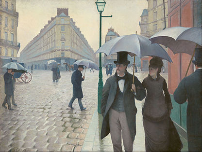 Gustave Caillebotte. Paris Street; Rainy Day (1877, Art Institute of Chicago). The rear-facing man on the right with the tilted umbrella is an example of repoussoir figure leading the viewer's gaze into the composition.