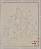 1880年の広島市。中央すぐ左下が本川と元安川の分岐であり、そこから3つ目の橋が新大橋。