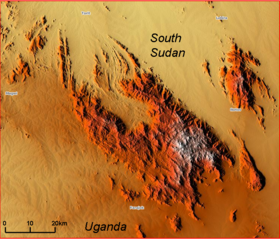 Carte topographique centrée sur les monts Imatong.