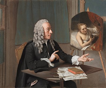 Portrait de François Tronchin avec un tableau de sa collection "La femme au lit" de Rembrandt (1757), Cleveland Museum of Art