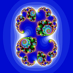 Courbe fractale, ensemble de Julia, obtenue avec 16 384 itérations pour les courbes. La fonction mathématique utilise trois calculs aléatoires pour les couleurs. (définition réelle 2 048 × 2 048*)