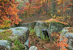 Ruins and rock formations along the Kunes Camp Trail in Covington Township