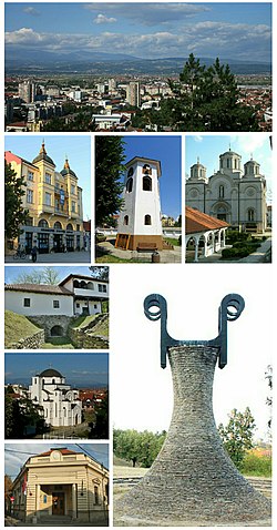 Leskovacin panoraama, Kaloderman palatsi, Odžaklijan kirkon kellotorni, Pyhän kolminaisuuden kirkko, Tekstiiliteollisuuden museo, Pyhän Simeonin kirkko, kaupungintalo, Vallankumouksen muistopuisto