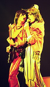 Ronnie Wood and Jagger perform onstage in Chicago, 1975.