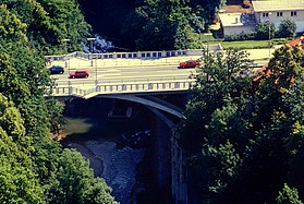 Bridge over the Kokra River in Kranj, from the air (reconstruction carried out in 1993–1995).