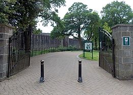 Entrance in North Road by Cardiff Castle (left)