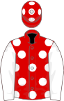 Red, white spots, white sleeves, red cap, white spots