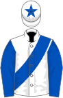 White, royal blue sash and sleeves, star on cap