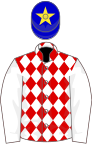 Red and white diamonds, white sleeves, blue cap, yellow star