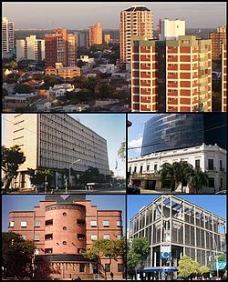 (From top to bottom; from left to right) Panoramic view of the city; Chaco Government House; Palacio de Justicia of Resistencia; Resistencia Casino & Hotel and the New Bank of Chaco.