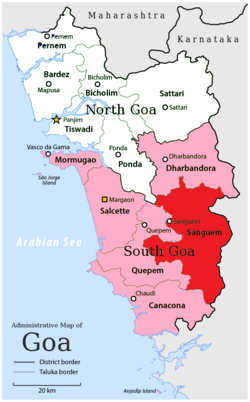 Location of Sanguem in South Goa district in Goa