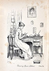 Illustration. Assise à un bureau, Elizabzth lit attentivement une lettre