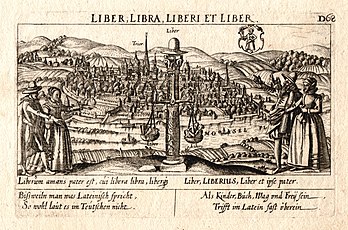 Vista de Tréveris, impressão em chapa de cobre por Eberhard Kieser, publicado em Thesaurus philopoliticus (1625) por Daniel Meisner. A gravura mostra uma vista de Tréveris, em primeiro plano, uma coluna antiga com uma balança e símbolos em torno da palavra latina "liber": balança (libra) com livros (libri) no prato esquerdo e crianças no da direita (liberi), em cima um chapéu, desde a antiguidade um símbolo de liberdade (liber = livre), dois casais à esquerda e direita, apontando a coluna, e São Pedro, o patrono da cidade, no escudo heráldico (definição 3 841 × 2 541)