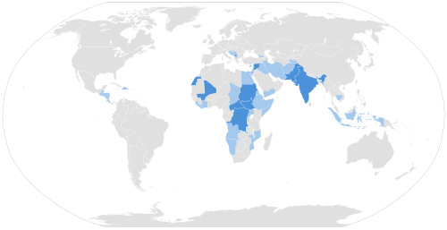 A world map of countries, with certain countries colored dark blue for ongoing UN peacekeeping missions, and light blue for completed missions. Refer to the article's tables for more information.
