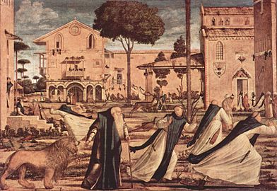 Saint Jérôme conduisant au monastère le lion blessé, 141 × 211 cm, 1502, huile sur toile, Scuola di San Giorgio, Venise.