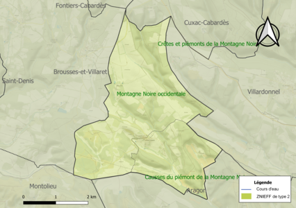 Carte des ZNIEFF de type 2 sur la commune.