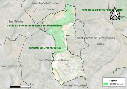 Carte des ZNIEFF de type 1 sur la commune.