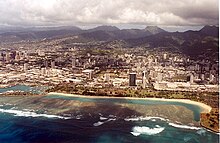 Aerial photo of the coastline including Ala Moana Beach Park