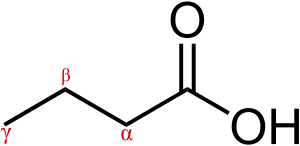 Skeletal formula of butyric acid with the alpha, beta, and gamma carbons marked