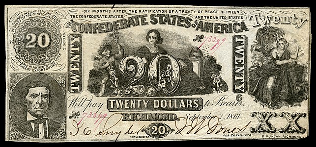 Twenty Confederate States dollar (T20), by B. Duncan