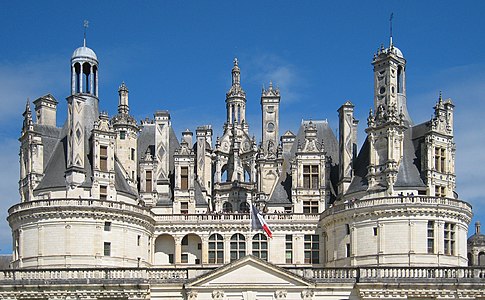 Detail of the roof of Chambord, with lucarnes, chimneys, and small towers around the central lantern tower