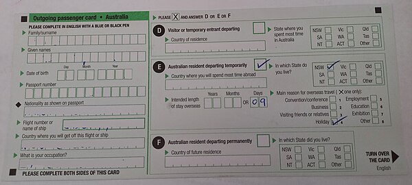 The Departure card - used from the 1960s until July 2017