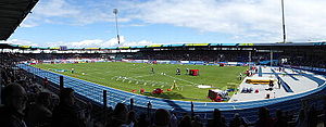 Panorama mit der neuen blauen Tartanbahn, aufgenommen während der Leichtathletik-Team-EM 2014