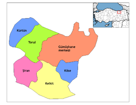 Mapa dos distritos da província de Gümüşhane