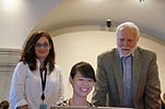 President G W Clough (standing right), Sarasays (standing left), and another Wikipedia editor at Luce Lunder Wikimedia DC edit-o-thon. Sarasays used a different one of my photographs of her on her user page. This photo is used often on a banner at Wikimedia events