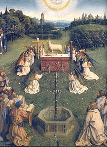 The white lamb in the Ghent Altarpiece by Jan van Eyck. (1432)