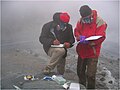 Jake Maule (left) and Jan Toporski (right) in crater of Mutnovsky Volcano, Kamchatka (2004).