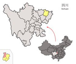 Location of Nanjiang County (red) within Bazhong City (yellow) and Sichuan