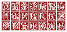 Ornamental lettering samples. The order of V and U letter places are swapped and the letters J, O, W, and Z.l are missing