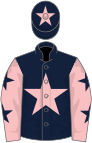 Dark blue, pink star, pink sleeves, dark blue stars, dark blue cap, pink star