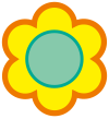 A yellow flower with a light blue center and orange outline.