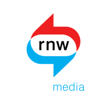Two circular arrows, one red, one blue, with the letters r n w within them, abbout the same size as the arrows, and the word media below right in blue