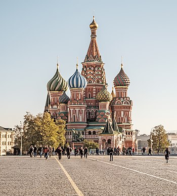 Saint Basil's Cathedral, with multicolored onion-shaped domes against a blue sky