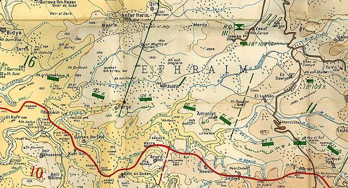 خارطة عسكرية بريطانية، تُبين الوضع في 19 سبتمبر 1918 حيث يفصل الخط الأحمر مناطق الجيش العثماني شمالًا عن الجيش البريطاني جنوبًا.