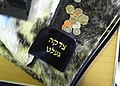 Tzedakah pouch and coins on fur-like padding