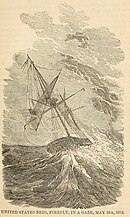 A drawing of a ship in choppy seas