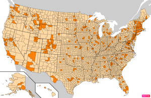Counties in the United States by the percentage of the over 25-year-old population with bachelor's degrees according to the U.S. Census Bureau American Community Survey 2013–2017 5-Year Estimates.[28] Counties with higher percentages of bachelor's degrees than the United States as a whole are in full orange.