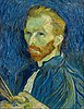 A portrait of Vincent van Gogh from the left (good ear) holding a palette with brushes. He is wearing a blue cloak and has yellow hair and beard. The background is a deep violet.