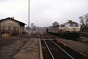 Bahnhof Schnabelwaid mit Zug aus Marktredwitz, 1987